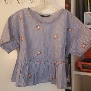 Zara pinstriped embroidered floral blouse